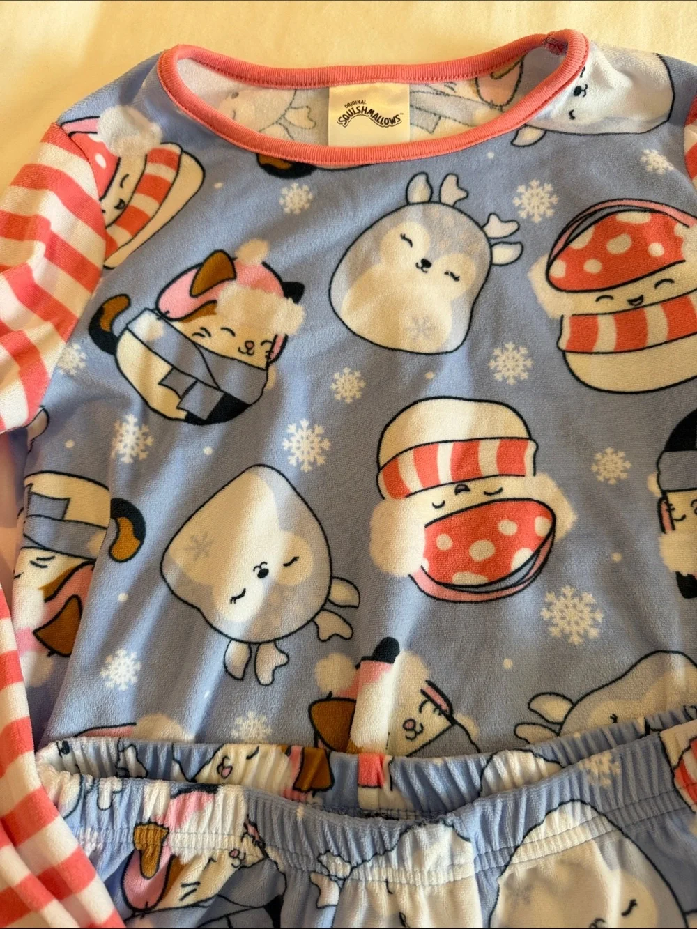Squishmallows Light Blue Pajama Set with Red & White Striped Sleeves